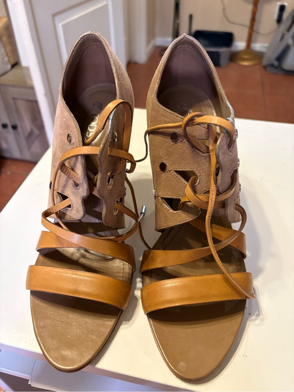 Tod’s Vintage Tan Lace-Up Suede & Leather Sandals